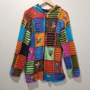Shop Therapy Jacket Medium Multicolor Patchwork Art to Wear Hood Zip Boho Nepal